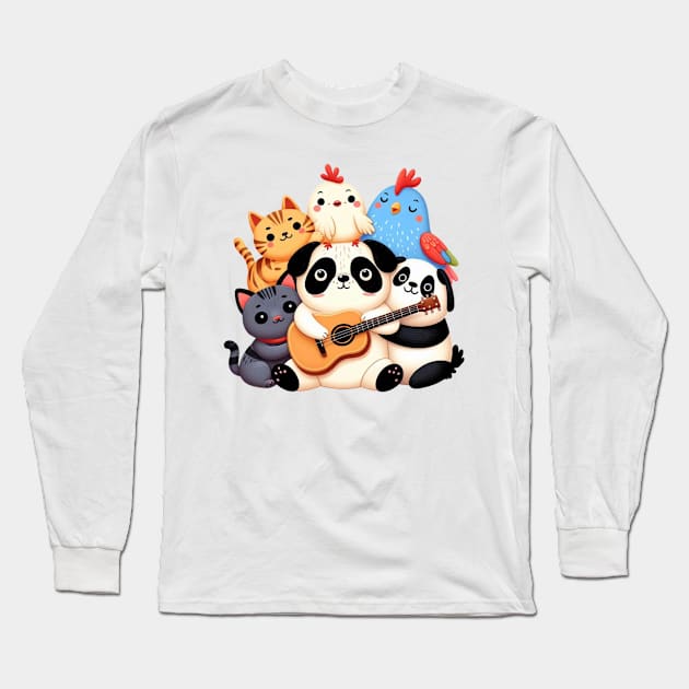 Singing Animal Friends with Pug Playing Guitar Long Sleeve T-Shirt by Shawn's Domain